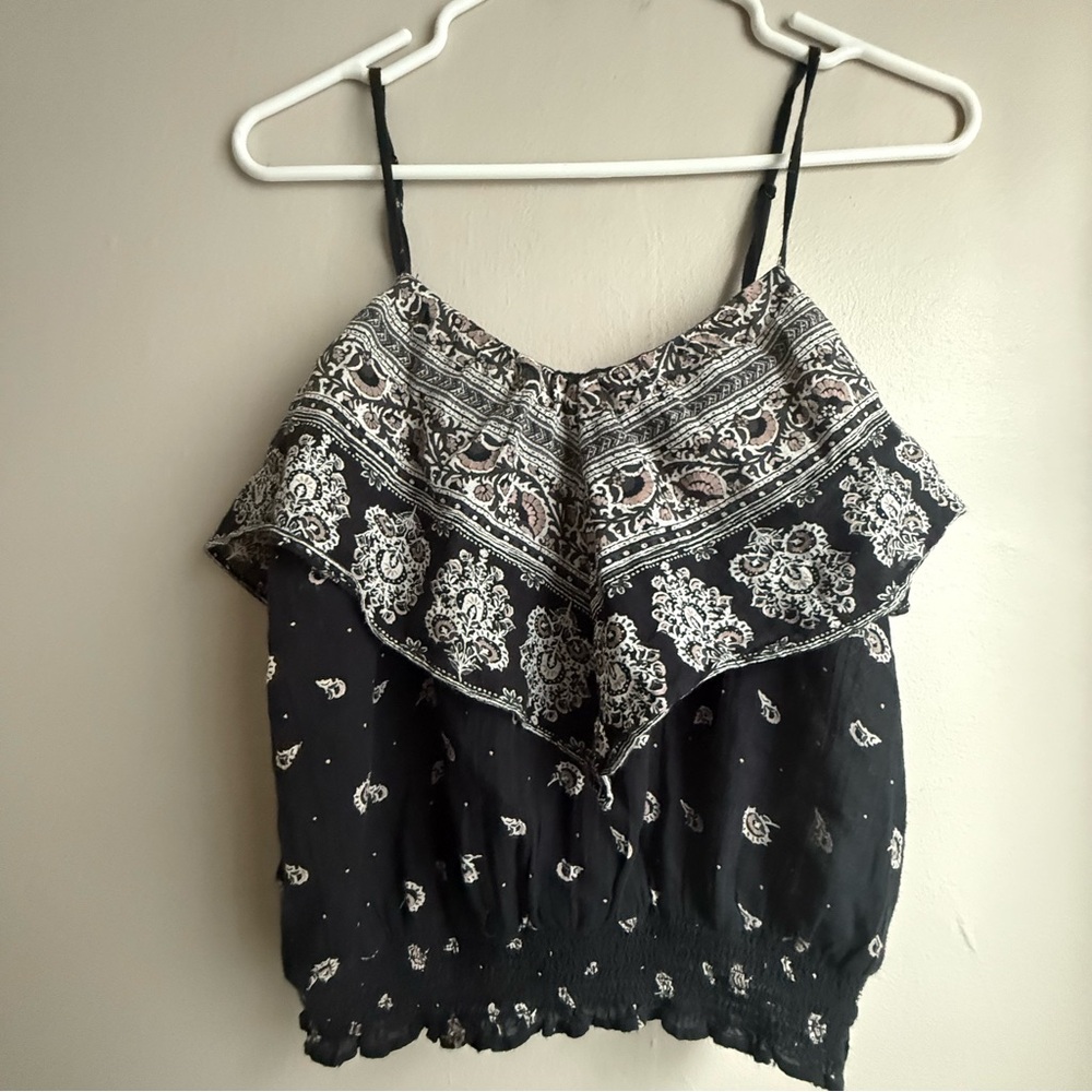 American Eagle Paisley Ruffle Cami Top Black XS Boho Y2K Festival